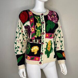 Vintage 1990s Hand Knit Fruit Vegetable Cardigan Sweater, The Eagle’s Eye Medium